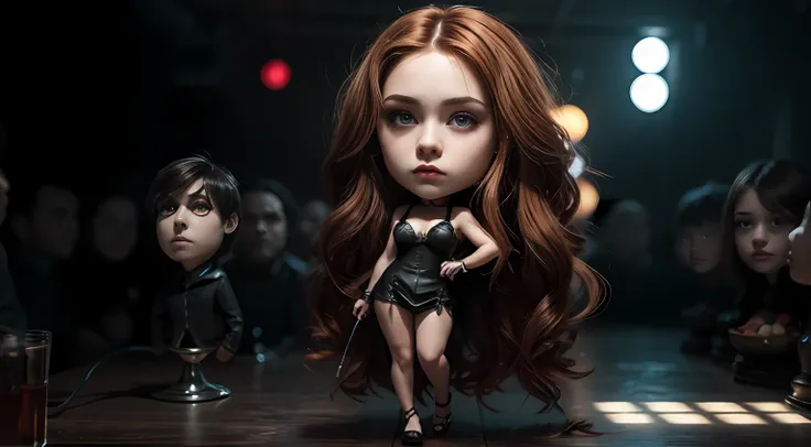 ((obra maestra)), 8k, artstation inspiracion, detalle exquisito, soft illumination, Gothic sexy girl with Long Red Hair, ojos naranjas chibi, hiper detallado, tetas grandes, vestidos detallados, mirada triste y sensual, escenario en un club de musica gotic...