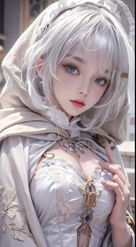 photorealistic, high resolution, 1 women, solo, hips up,(lolita costume)， beautiful eyes, white hair, ringed eyes, (oyuki，cloak，...