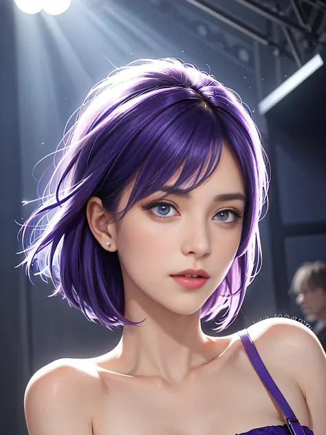 a delicate and meticulous girl，realistic skin，star-kafka，short blue-purple hair，sophisticated haircut，sharp blue-purple eyes，it'...