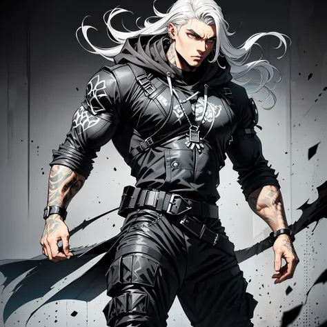 he has long, flowing white hair. his piercing white eyes shine with intensity. clad in sleek black attire adorned with a mysteri...