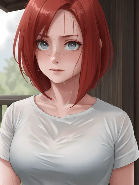 a portrait of a (soaking wet of a milk:1.2) redhead, freckles teacher is sitting on a porch, : white shirt : 18], visible throug...