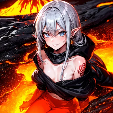 1girl,solo,(portrait:1.2),bathing,((eruption:1.2),girl in lava,lava,magma,lava splash:1.2),demon girl,smirk,pointy_ears,pierced earrings,small chest, tattoo,blue eyes,messy hair,long hair,silver hair,black cloak,hooded cloak,demon tail,shiny skin