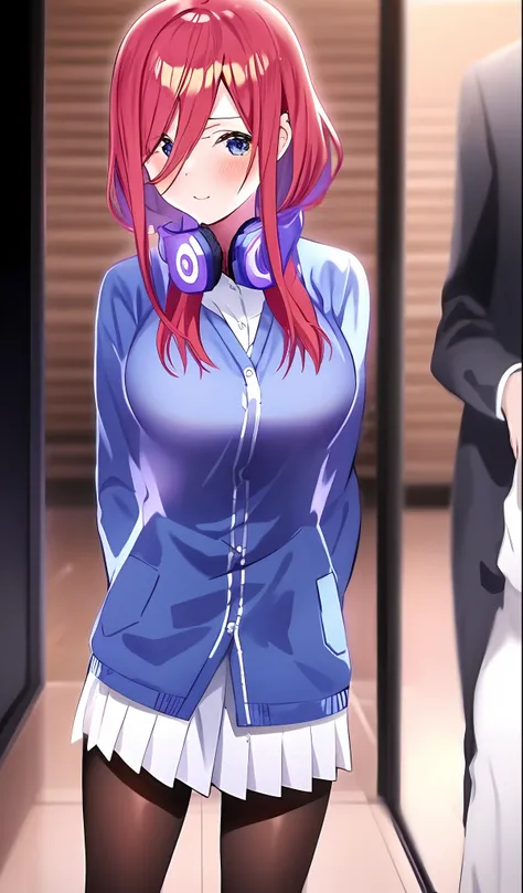 anime girl with headphones standing in a room with other people, menina bonita do anime high school, visual anime de uma menina ...