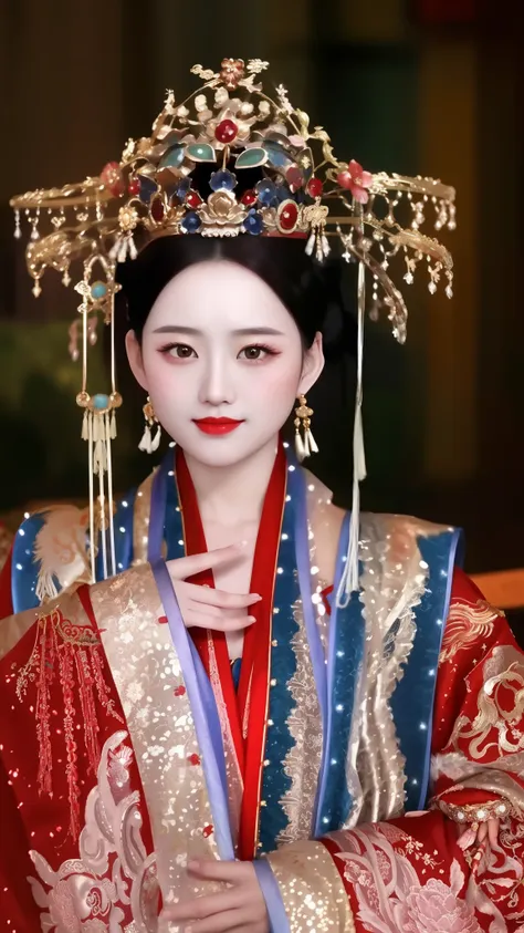 close up of a woman in a red and blue dress and a golden crown, a beautiful fantasy empress, chinese empress, china princess, ((...