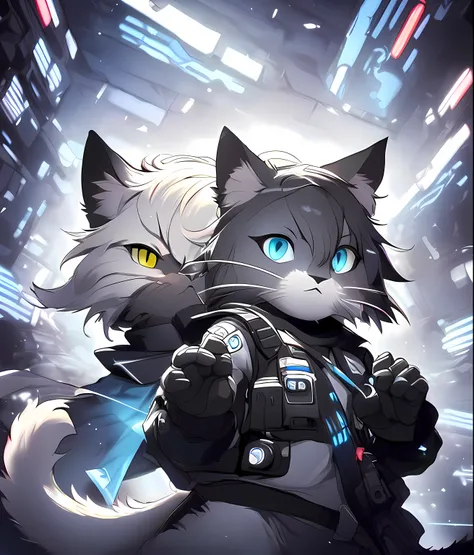 a blue cat，anthro cat，shaggy，hands up，plus a cyberpunk background，the eyes are gray，the tail has a star and moon symbol，there ar...