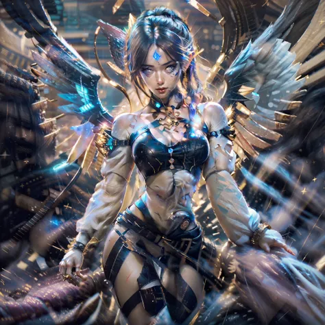 futuristic fantastic girl on tarot cards, exquisite transparent skin, angel wings, sparkling universe, cyberpunk, full body, cut...