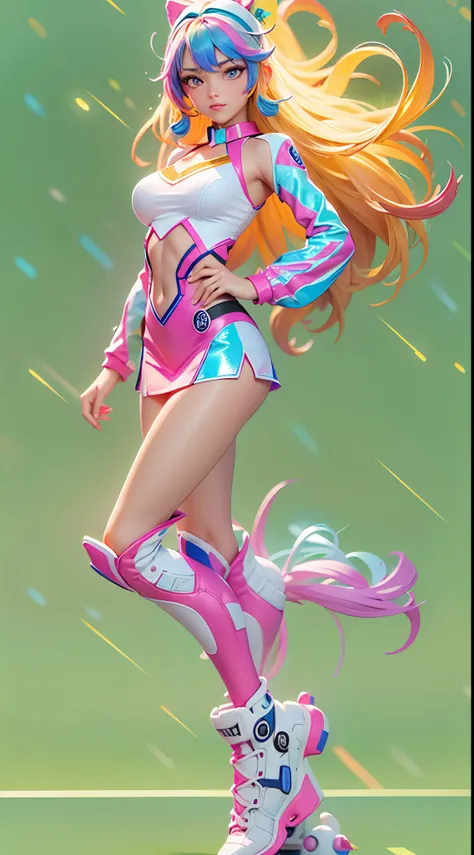 ((Masterpiece)), best quality, absurderes, ultra detailed, 8k, dynamic pose, super complex details, intricate details, holographic, cowboy shot, golden ratio, super cute girl, neon aura, delicate and beautiful face, cosmic cheerleader, mature girl, super b...