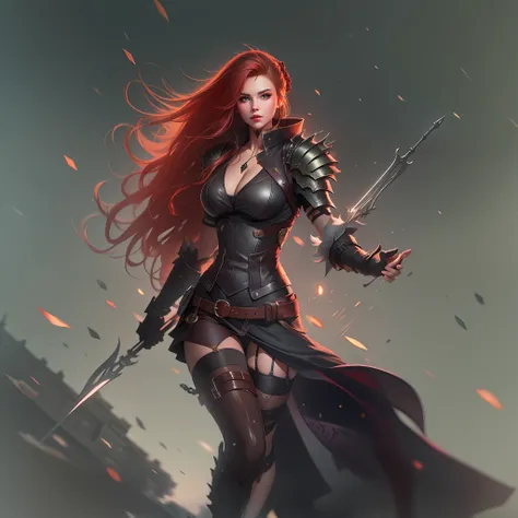 (masterpiece: 1.2), (best quality: 1.2), (highly detailed: 1.3), highres, best illustration, 4k, perfect lighting, battlefield, wind breeze, full body, full body shot, solo, 1girl, perfect anatomy, perfect face, long red hair, hair braid, detailed armor, l...