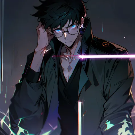 solo, male, anime character with black framed glasses and black hair, apathetic, bored expression, spirit bodies silhouettes beh...