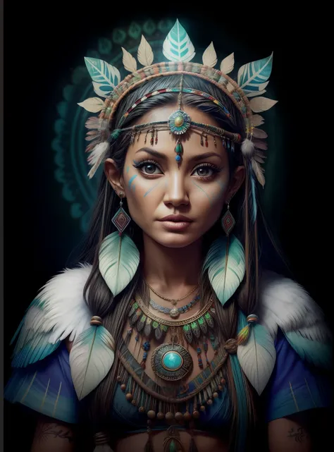 woman in a feather headdress with feathers on her head,(((rosto pintado))), retrato da princesa asteca, usando coroa de penas br...