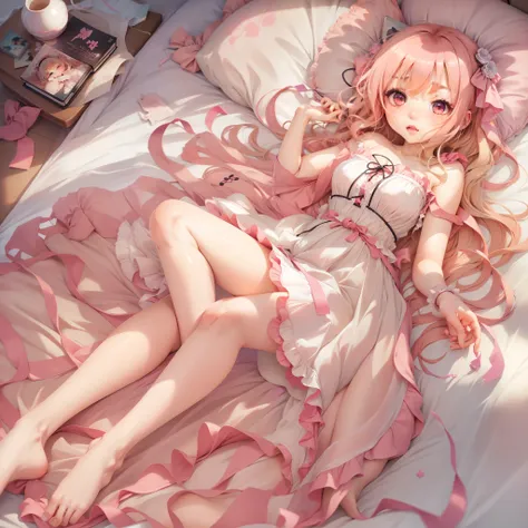 anime girl in pink dress laying on bed, loli in dress, hanayamata, splash art anime loli, ecchi, anime goddess, seductive anime ...