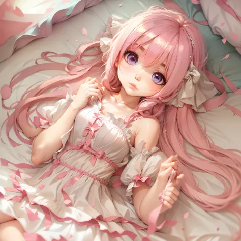 anime girl in pink dress laying on bed, loli in dress, hanayamata, splash art anime loli, ecchi, anime goddess, seductive anime ...