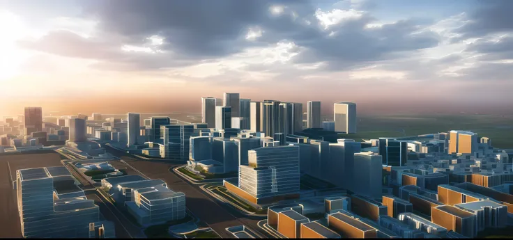 Cinematic lighting,best qualtiy,A picture of a city with many high-rise buildings, 3 d city, digital model, High-rise building bodies,High-rise complex,road,vehicles,with blue sky and white clouds,Dayscape,3D model, conceito, Cityscape, Detailed rendering,...