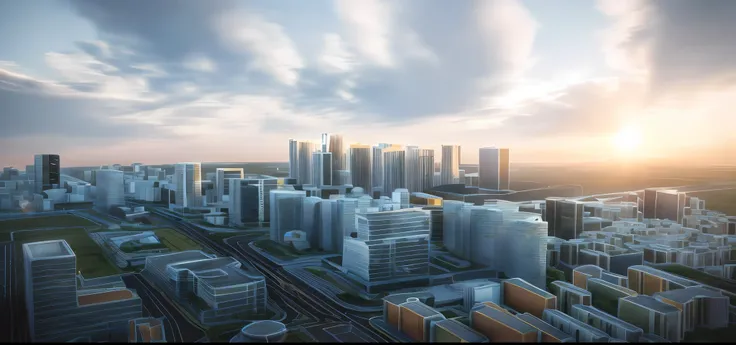 Cinematic lighting,best qualtiy,A picture of a city with many high-rise buildings, 3 d city, digital model, High-rise building bodies,High-rise complex,road,vehicles,with blue sky and white clouds,Dayscape,3D model, conceito, Cityscape, Detailed rendering,...