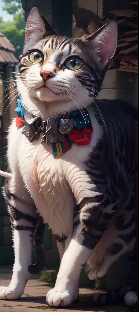 Uma linda gata ((Close-up, Anthropomorphic cat standing in medieval armor):1.5), fotorrealista, ultra-detalhado, detalhes intrincados, 8k, super detalhado, volumático, HDR, Realistic, Motor irreal, 16k, (((foco nítido))), octan render, da mais alta qualida...