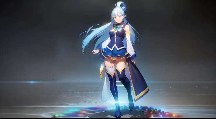 1girl, aqua_(konosuba), blue_footwear, blue_hair, boots, bow, detached_sleeves, full_body, hair_ornament, long_hair, looking_at_viewer, pleated_skirt, skirt, smile, solo, standing, thigh_boots, thighhighs, transparent_background, very_long_hair, white_legw...