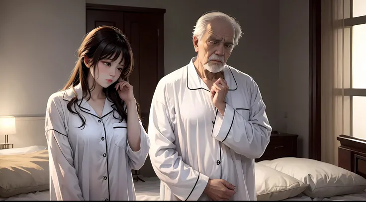 white pajama,A woman who is,onbed,Cover half of your face with your hands,Next to him stood an old man with a gloomy expression。