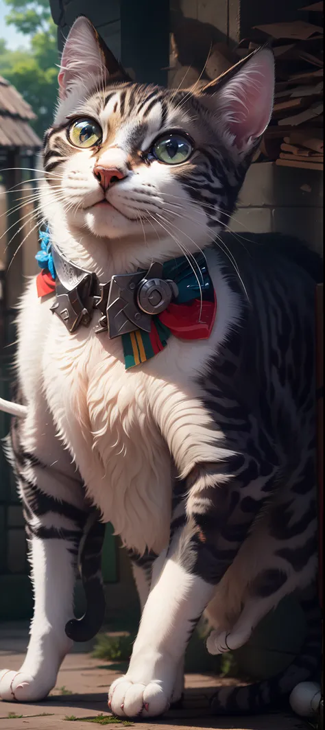 Uma linda gata ((Close-up, Anthropomorphic cat standing in medieval armor):1.5), fotorrealista, ultra-detalhado, detalhes intrincados, 8k, super detalhado, volumático, HDR, Realistic, Motor irreal, 16k, (((foco nítido))), octan render, da mais alta qualida...