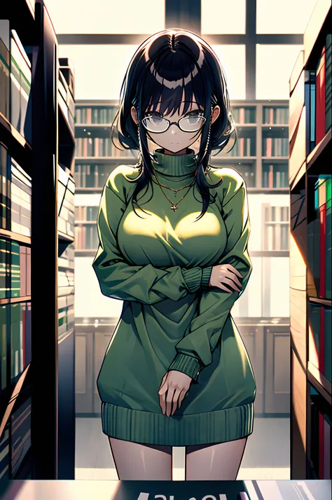 (masterpiece),(best quality), glasses, chakumomi, pov hand, breast grab, (embarrassed),sweater, in library,