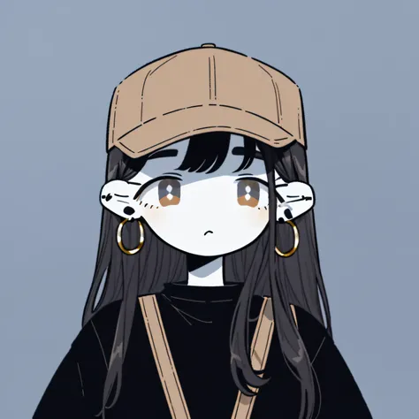 masterpiece, best quality, 1girll,brown eyes, baseball cap, black color hair, closed mouth, blue background, hat, hoop earings, ...