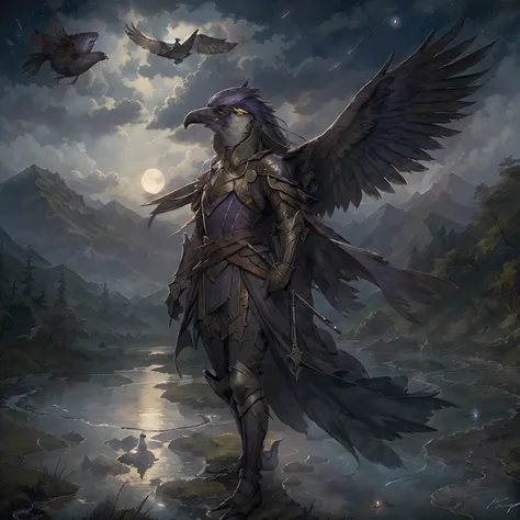 masterpiece, best quality, (solo), bird, painting of aven a dark purple bird woman wearing armor, medieval setting, in a stream,...