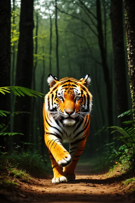 close-up photo of a very cute jumping tiger in the forest，looking at the camera in，soft volumetric light，（the light from the bac...