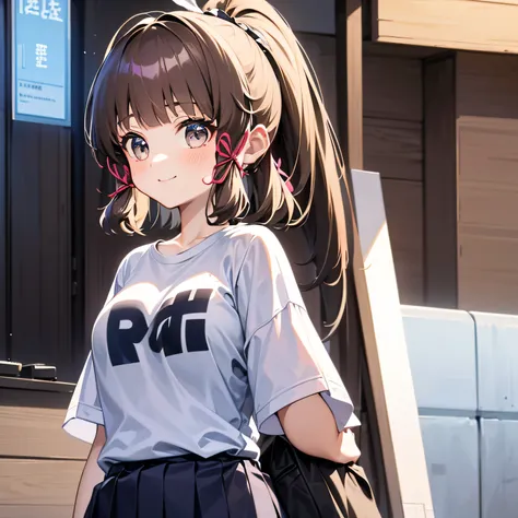 1girll, 独奏, A brown-haired, short detailed hair, ssmile, Large breasts, tee shirt, Street attire, tmasterpiece, Best quality at best, The upper part of the body, 城市
