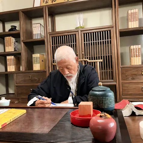 there was a man sitting at a table writing a book, inspired by sesshū tōyō, he is about 8 0 years old, riichi ueshiba, chiba yud...