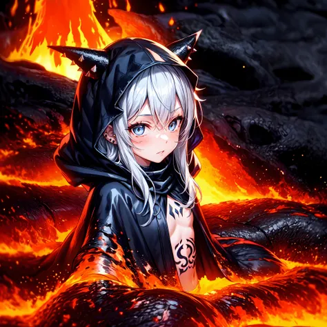 1girl,Solo,((portrait),Bathing),Lava Girl,lava,the magma,Lava splash,(eruption),sleep,spiky_Ears,Piercing,Small chest, The tattoo,Blue eyes,hair messy,Long hair,Silver hair,Black cloak,cloak with hood,demon tail