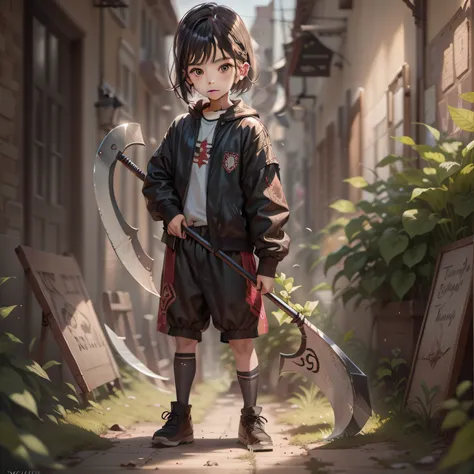 child boy holding a large scythe