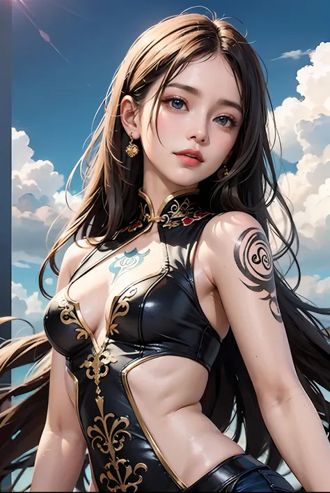 Ultra HDR,16K,Melhor qualidade obra-prima ,cachos cabelos pretos , 1 girl solo,tatuagem , cabelo preto , brincos,jewelry long hair looking at the viewer, tattoo on upper arm, fundo simples fundos branco, lips upper body Chinese clothes blue eyes sleeveless...