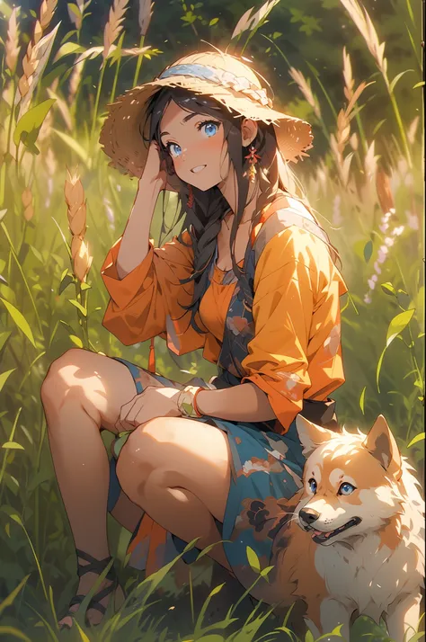 1girll，rural fields，the setting sun，crepuscular rays，shiba dog，blue color eyes，ricefield，volumettic light，perspective compositio...