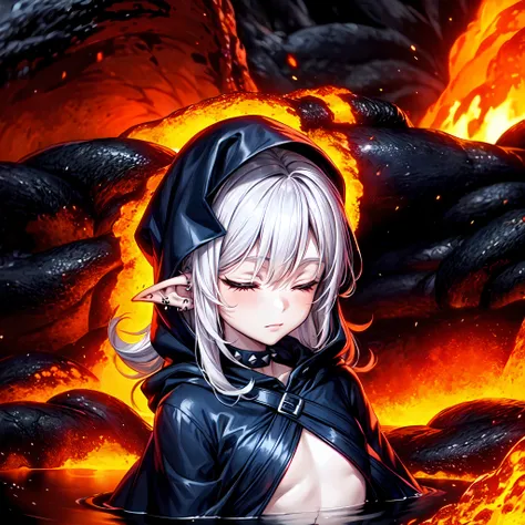 1girl,Solo,((portrait),Bathing),Lava Girl,lava,the magma,Lava splash,(eruption),(sleep),spiky_Ears,Piercing,Small chest, The tattoo,hair messy,Long hair,Silver hair,Black cloak,cloak with hood,demon tail