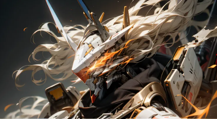 A beautiful game CG with the Doomsday theme as the main body, hyper-detailed, this is a light black and light white complex structure of the mecha, its hands hold a broad heavy armor sword, emitting a fiery red light: 1.2, the eyes emit dazzling red light:...