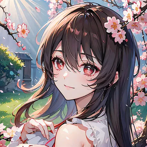 (top quality, masterpiece, ultra-realistic), cherry blossom trees in the background, beautiful and delicate portrait of a playfu...