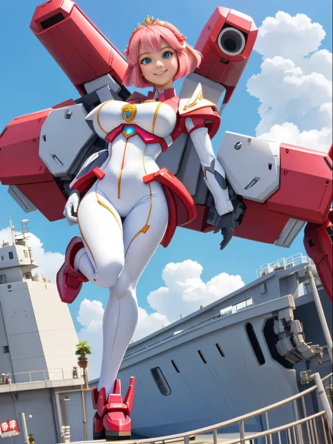 {(Princess Zelda)}, {only she is ((in red mecha outfit with organic, transparent and tight body parts in white)), only she has ((giant breasts)), ((very short pink hair, blue eyes)), ((staring at viewer, smiling, eyes of desire)), ((posing showing off her ...