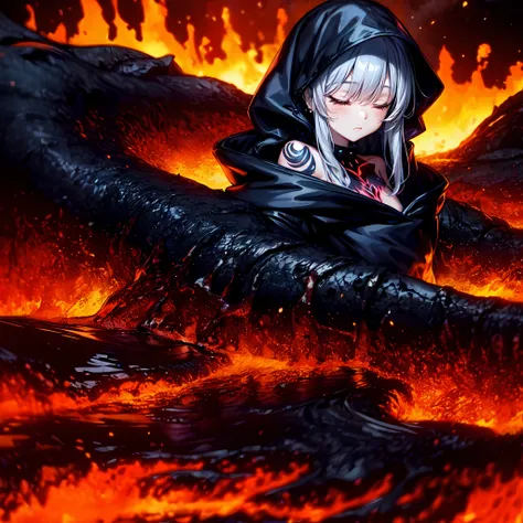 1girl,Solo,((portrait),Bathing),Lava Girl,lava,the magma,Lava splash,(eruption),(sleep:1.2),spiky_Ears,Piercing,Small chest, The tattoo,hair messy,Long hair,Silver hair,Black cloak,cloak with hood,demon tail