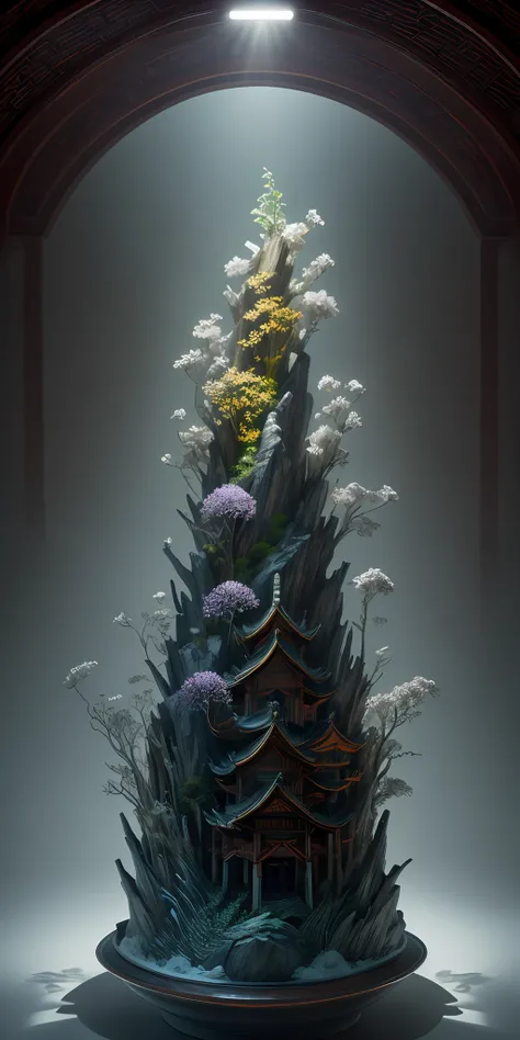 best quality, realistic, photorealistic, ultra detailed, "Mountain of Flower and Fruit+Fairy+Chinese Architecture" highly detailed carving on "southern ice" porcelain,Ultra wide angle,Accent Lighting,Volumetric Lighting,backlighting, (detailed light),((an...