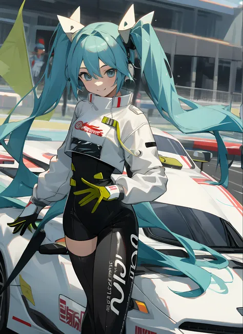 masterpiece,(ultra-detailed),1girl, smile, car,  racecar, circuit,  racing miku, black bodysuit, cropped jacket, white jacket, l...