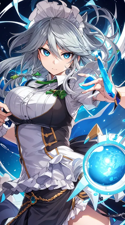 (Animated). Female (((Sakuya Izayoi))) time master, short spiky silver hair, blue eyes . (Masterpiece: 1.8), 64k quality, final fantasy artwork concept, detailed manga eyes, detailed hair, detailed clothes, detailed body, sharper drawings, pronounced detai...