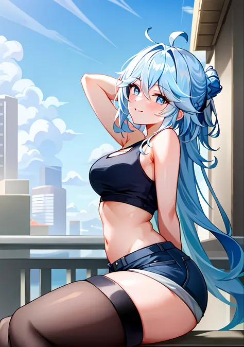 (masterpiece, best quality, ultra-detailed), focalors \(genshin impact\), (blue sea hair), cone hair bun, twin tails, long hair,...