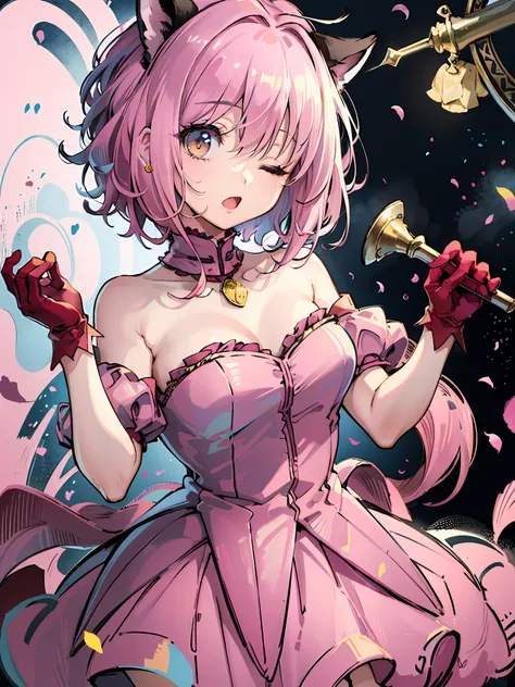 (illustratio:1.1)、(top-quality)、(masterpiece:1.1)、(beautiful and clear background:1.25)、(masterpiece、top-quality、ultra-detailliert)、(Photorealsitic)、(beatiful detailed eyes)、Big tits
stage、stage lighrt、(A pink-haired、red hairs)、
1girl in、独奏、looking at th...