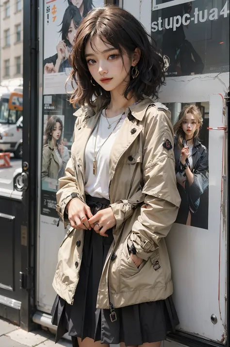 one-girl,Fashion sweatshirt, trench coat long skirt,Poster on the front,The color of the clothes is bright and simple,Cute, Very aesthetic,Realistic style anime,ssmile,self-assured,Put your hands in your pockets,tmasterpiece,ultraclear,8K,HighestQuali,