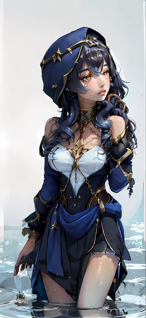 1girl, best quality, nsfw, hand drawn, hetero,, wild, gorgeous woman, beautiful art, masterpiece, (masterpiece), Style-Hamunaptra, detailed eyes, long eyelashes, grabbing breast, water, kissing neck, transparent skirt