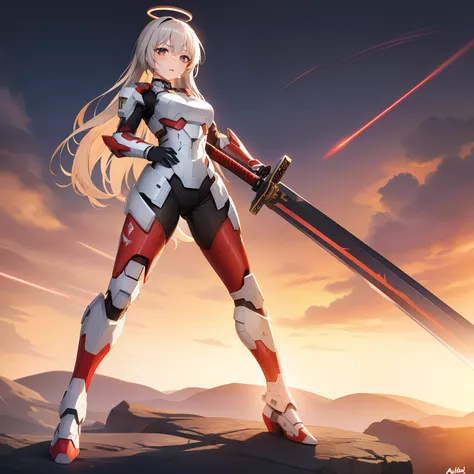 1 girl, solo, ayanami from azur lane, fighting stance, katana in hand, massive great laser sword, swinging sword, highly detaile...