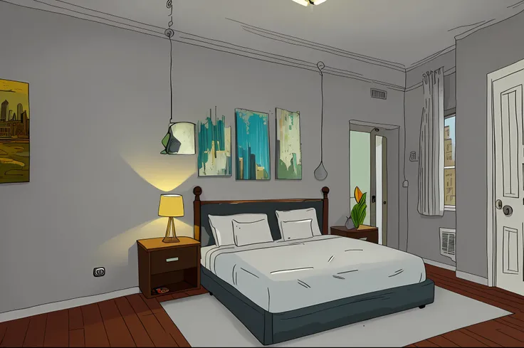 Interior of the bedroom in the city, 8K, hyper HD, tmasterpiece, highest quality