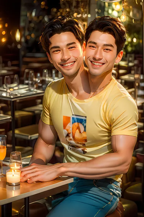 (((2heads))),(masterpiece, best quality:1.2), spring in a restaurant booth, looking at viewer, arms resting on restaurant table,  romantic candle on table,  appetizers and drinks on table, smiling, , solo, male focus, 1boy, twilight (spy x family), closed ...