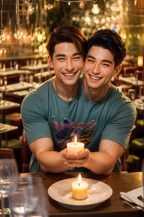 (((2heads))),(masterpiece, best quality:1.2), spring in a restaurant booth, looking at viewer, arms resting on restaurant table,  romantic candle on table,  appetizers and drinks on table, smiling, , solo, male focus, 1boy, twilight (spy x family), closed ...