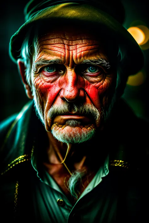 (sharp focus:1.2), an award winning photo of an old man peasant, water droplets, thunderstorm outside, lightning back lighting, ...