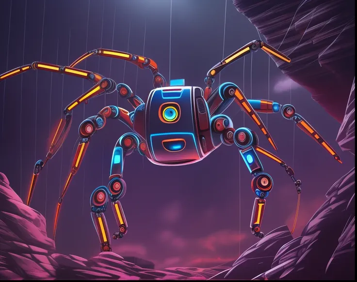 create a robot whip spider, long limbs, a background of dark rocks, neon lights, high resolution, high details, (best-quality:0.8), (best-quality:0.8), perfect anime illustration, Raining, deep focus, Ultra Detailed, natural lighting, 64K, perspective (spi...
